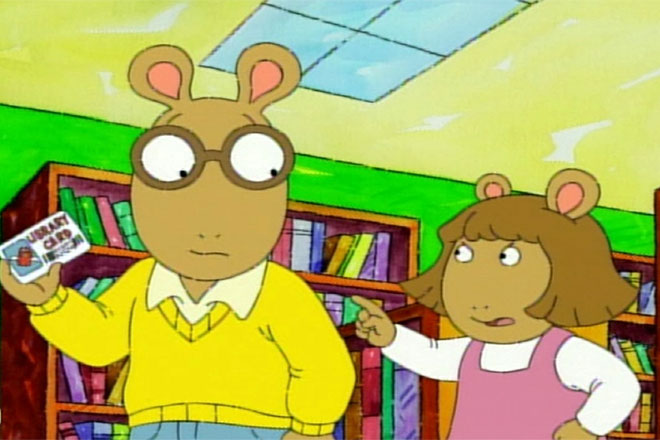 Still from Arthur the Anthropomorphic Aardvark television show. Arthur is wearing brown, round glasses.